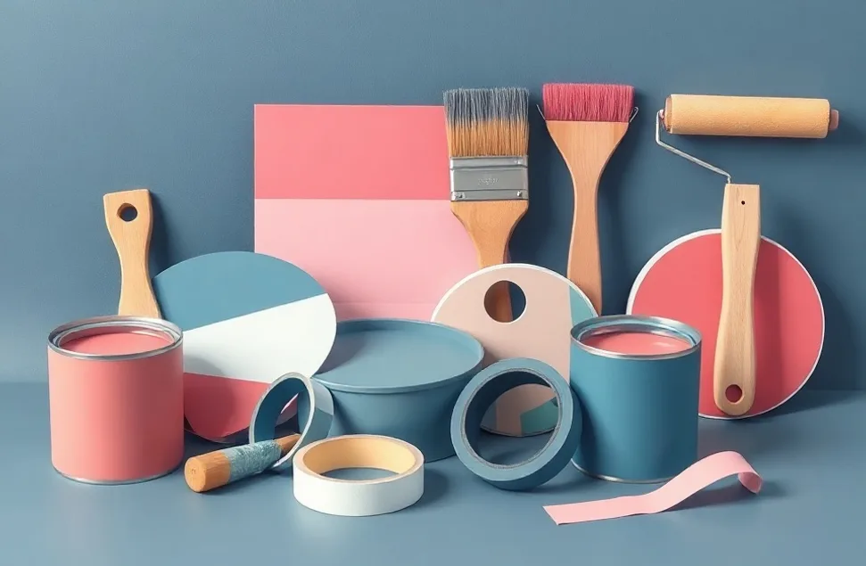 Pots de peinture, nuancier, brosses et rouleaux disposés à plat