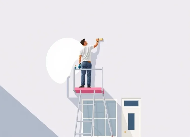 Peintre sur échafaudage traitant la façade d'une maison