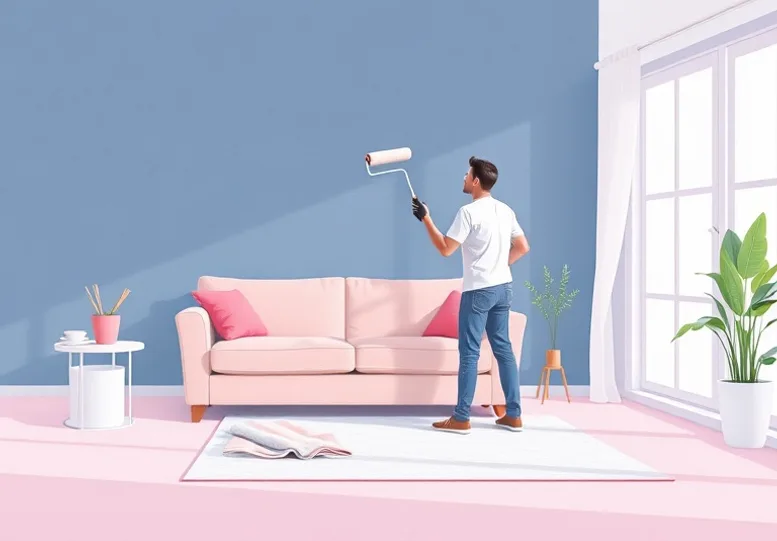 Peintre appliquant la peinture au rouleau sur un mur de salon